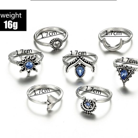 New!  7 Piece Boho Silver Ring Set W/ Blue gems - Picture 4 of 4